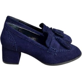 Resim Tufan Shoes Lacivert Hakiki Deri Süet Püskül Detay Topuklu Ayakkabı Lacivert 