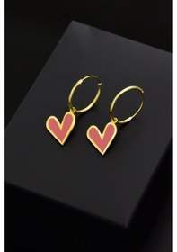 Resim 925 Ayar Gümüş Altın Kaplama Açık Pembe Mineli Kalp Halka Küpe UVPS300911-3 