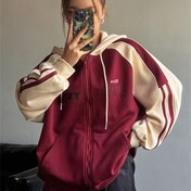 Resim Kadınlar İçin Y2K Renk Bloklu "Wealth" Yazılı Kapüşonlu Sweatshirt - Maroon & Bol Kesim Raglan Kollu Kazak, Makinede Yıkanabilir Her Mevsime Uygun Rahat Streetwear 