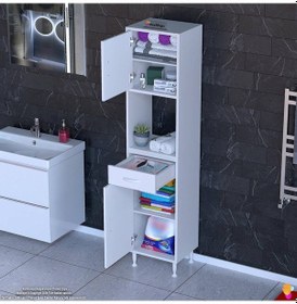 Resim Modilayn Arda Banyo Dolabı 45x173x32,5cm 1 Çekmece 2 Kapak Ve 5 Raflı İhtiyaca Uygun Kolay Kurulum Beyaz 