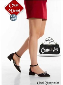 Resim Genel Markalar kısa topuklu fiyonk taş detaylı ayakkabı ve zirkon taşlı saten çanta seti 