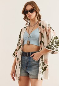 Resim Olalook Kadın Ekru Büyük Pudra Çiçekli Güpür Detaylı Viskon Kimono CKT-19000053 