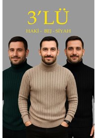 Resim Efnaz Style Erkek Fitilli Triko Kazak 3lü Set Bej Haki Siyah Regular Balıkcı Yaka Tam Boğazlı Triko Seti Modeli Kazak Çok Renkli 