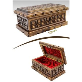 Resim Ahşap Oyma İşlemeli Kilitli Sandık Kutu 24 cm 