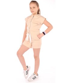 Resim Toontoy Kids Toontoy Kız Çocuk Kapüşonlu Fermuarlı Cepli Kısa Kol Kısa Tulum - Bağcık Detaylı Bej 