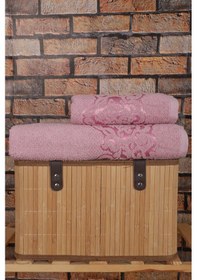 Resim 2 Parça Banyo Havlu Takımı %100 Pamuklu Şah Desen Pembe 