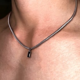 Resim 1 adet Erkek Modası Paslanmaz Çelik Düz Zincir Kolye, Gümüş Kaplama Cam Siyah Kolye Ucu, Rahat Basit Stil 