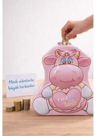 Resim Çocuklar İçin Para Biriktirme Kilitli Metal Kumbara Sevimli Hayvan İnek Figürlü Kumbara Hediye Pembe Çok Renkli 