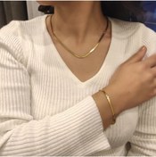 Resim AtelierByEsra Çelik Altın Kaplama Kararmaz Italyan Yassı Ezme Zincir Kolye Bileklilk Set 