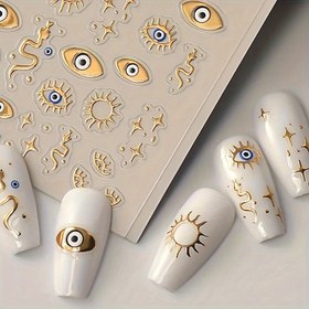 Resim 5D Altın Göz ve Yılan Totem Yıldız Tırnak Sanatı Çıkartması - Parlak Bitiş, Kendinden Yapışkanlı Plastik Çıkartma, Yeniden Kullanılabilir, Karikatür Teması, Nakışlı Görünüm, Manikürler ve Tırnak Dekorasyonu için Mükemmel 