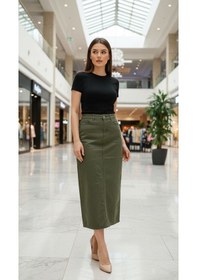 Resim Dema Kadın Yüksek Bel Pamuklu - Likrasız Bilek Boy Denim Etek Haki 