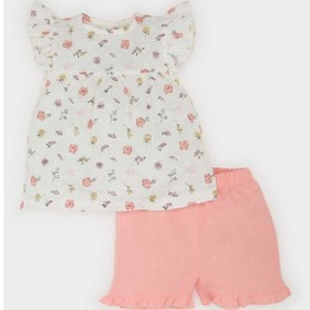 Resim DeFacto Kız Bebek 2'li Takım Çiçekli Flamlı Poplin Kısa Kollu Bluz Beli Lastikli Şort E8453A525SMOG99 Turuncu 