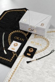 Resim Çeyizlik Kişiye Özel İsimli Kalpli Seccade Seti - Sandıklı Hediyelik Eşli Çift Seccadesi - Gold Siyah - Beyaz 