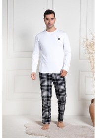 Resim Mecit Pijama Mecit 3082 Erkek Beyaz Ekoseli Büyük Beden Pijama Takımı Beyaz 