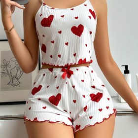 Resim Bayanlar Kalp Baskılı Ribana Kolsuz T-shirt Şort Pijama Seti (Yay ve Kırmızı Kenarlıklı) 