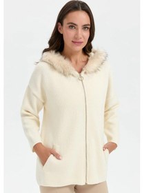 Resim Desen Triko Kadın Kapüşonu Kürklü Fermuarlı Yün Hırka 24082 Kemik Kemik 