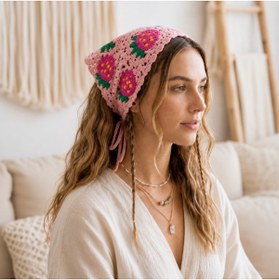 Resim synshop Çilekli Pembe Örgü Üçgen Bandana Saç Bandı Kadın Genç Kız Çocuk Yazlık Bohem Vintage Kore Tarzı Ayçiçek 