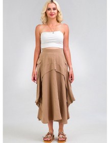 Resim Kadın Kargo Cepli Pervazlı Gizli Fermuarlı Pamuklu Kumaş Etek Bej 