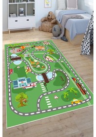 Resim Dijital Baskılı Dekoratif Kaymaz Taban Yıkanabilir Trafik Parkı Temalı Modern Çocuk Halısı Yeşil 