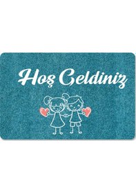 Resim Dijital Baskılı Kapı Önü Paspas Hoşgeldiniz Yazılı Çiçek Desen Ve Tavşan Iç Ve Dış Kapı Yıkanabilir Açık Bej 