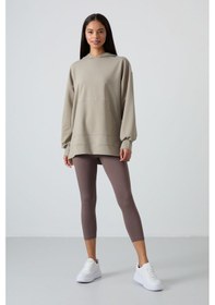 Resim Tommy Life Koyu Bej Balon Kol Yazı Nakışlı Kadın Oversize Tunik Sweatshirt - 97163 Koyu Bej 