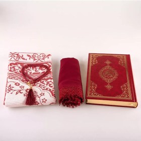 Resim Şal + Seccade + Tesbih + Kuran Hediye Seti Hafız Boy, Ekonomik Cilt, Bordo 