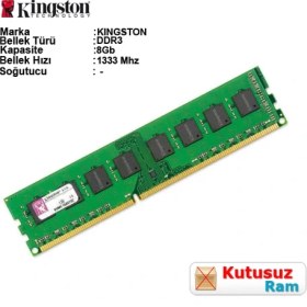 Resim Kingston 8GB DDR3 1333MHz Cl9 RAM KVR1333D3N9/8 