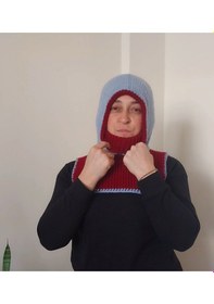 Resim Kemzey Handmade El Yapımı Balaklava, Örgü Şapkalı Boyunluk , Yünlü Şapka Bordo - Mavi 