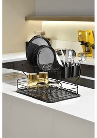 Resim Siyah 2 Katlı Bulaşıklık – Dayanıklı Paslanmaz Metal Tabaklık, Termo Plastik Kaplama, Alt Tepsili - (TB-02 E) 
