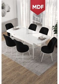 Resim Canisa Concept Kor Serisi, 70x114 MDFAçılabilir Beyaz Yemek Masası Takımı,6 Siyah Sandalye Masa Beyaz Sandalyeler Siyah 