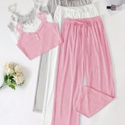 Resim İlkbahar ve Yaz Yeni Kadınlar için Tek Renk Fiyonk Detaylı Kamisol Uzun Pantolon Takımı, 3 Renk, 6 Parça Set 