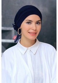 Resim Hürrem Bone Lacivert Pratik Hazır Geçmeli Tesettür Bone Sandy Kumaş Pileli Ne Lacivert 