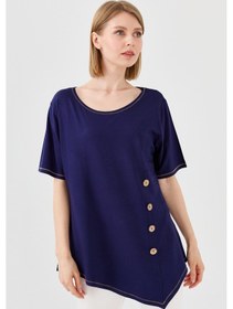 Resim Kadın Sıfır Yaka Önü Ahşap Düğmeli Penye T-shirt Lacivert Lacivert 