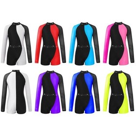 Resim Kraliyet Mavisi Bale Leotard Çocuklar Kızlar İçin Örgü Uzun Kollu Kontrast Renk Dans Mayoları Unitard Jimnastik Tulum Giyim Mavi 