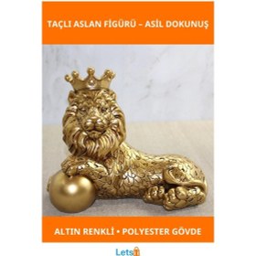 Resim Şık Altın Renkli Polyester Dekoratif Taçlı Aslan Figürü 17x22 Cm 1 Adet 