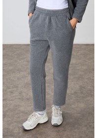 Resim Tommy Life Gri Melanj Kalın Yumuşak Dokulu Dik Yaka Oversize Nakışlı Polar Kadın Eşofman Takım -95339 GRİ MELANJ 