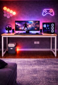 Resim Flinder Çam/Beyaz Oyuncu Masası 160x60, Bilgisayar Masası, Gamer Masası, Gaming Masa, Metal Ayaklı 