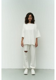 Resim Mai Studios Co. Lion Beyaz Oversize T-shirt Yırtıklı Eşof Beyaz 