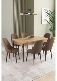 Resim Ikon Meşe Desen 80x132 Mdf Açılabilir Yemek Masası Takımı 6 Adet Sandalye Kahverengi 