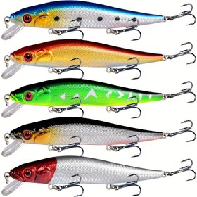 Resim 5 adet 14cm/5.51 inç Yüzme Minnow Sert Yem - 23g Turna Balıkçılığı İçin Yapay Trolling Crankbait Üçlü saç tokası ile 