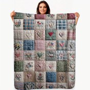 Resim 1 adet Hafif ve Yumuşak Vintage Çiçekli Flanel Battaniye - Çok Renkli Yama Desenli, Her Mevsim İçin Rahat Seyahat & Ofis Battaniyesi, Taşınması Kolay Ev Dekoru, Yama Deseni 