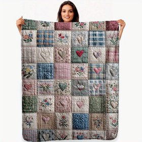 Resim 1 adet Hafif ve Yumuşak Vintage Çiçekli Flanel Battaniye - Çok Renkli Yama Desenli, Her Mevsim İçin Rahat Seyahat & Ofis Battaniyesi, Taşınması Kolay Ev Dekoru, Yama Deseni 