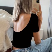 Resim Kadınlar için Seksi Şık Açık Sırtlı Yazlık Tişört - Düz Renk Yuvarlak Yaka Kısa Kesim Üst, Orta Esneklikte, Makinede Yıkanabilir Günlük ve Akşam Kıyafeti, Arkası Açık Tasarım, Rahat Kalıp 
