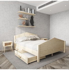 Resim Milano Model İki Çekmeceli Doğal Çam Ahşap Karyola Ve İki Komodin Set-180 200 x 200 CM 