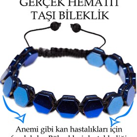 Resim Tesbih Atölyesi Sertifikalı Altıgen Mavi Hematit Taşı Bileklik - Makrome 