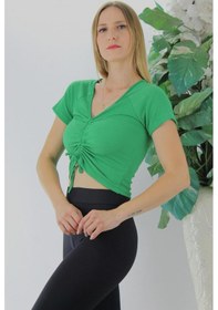 Resim Ön Büzgülü Crop Bluz Yeşil - 1293.33-9049821305032 
