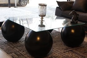 Resim Modern Orta Sehpa & Küre Sehpa & Top Sehpa & Şeffaf Kare Cam & Siyah Top 