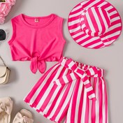 Resim 3 adet Kız Yazlık Kıyafet - Bağcıklı Detaylı Pembe Crop Top, Çizgili Şort ve Eşleşen Şapka - Dış Mekan Eğlencesi İçin Rahat ve Esnek Kumaş, Yazlık Kıyafet Seti|Tiedye Deseni|Şeffaf Olmayan Malzeme 