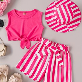 Resim 3 adet Kız Yazlık Kıyafet - Bağcıklı Detaylı Pembe Crop Top, Çizgili Şort ve Eşleşen Şapka - Dış Mekan Eğlencesi İçin Rahat ve Esnek Kumaş, Yazlık Kıyafet Seti|Tiedye Deseni|Şeffaf Olmayan Malzeme 