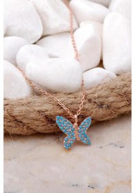Resim Turkuaz Taşlı Kelebek Rose Gümüş Kolye 7687 554151178 